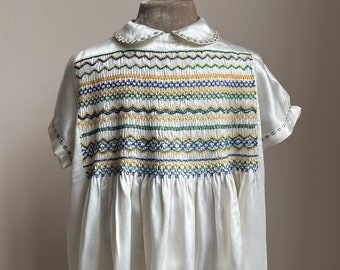 1930s Girl's Dress | Smocked Embroidered Silky Satin | Film Costuming Re-enactment | Vintage Children's Clothing Fashion