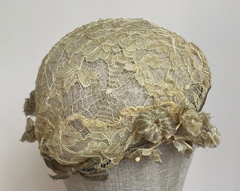 1920s Cap | Metallic Gold Flowers Spider Web Lace Bow | Antique Art Deco Wedding Bridal | Fashion Millinery Accessories