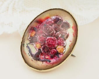 1900s Glass Brooch | Reverse Painted Carved Pin | Gooffus 3D Pink Flowers Roses | Antique Edwardian Jewellery