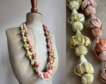 1920s Velvet Flower Necklace | Beaded Fabric Flowers Longer Length | Antique Vintage Art Deco | Floral Summer Jewellery Jewelry | x1