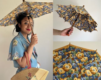 Mini-zonneparasol uit de jaren 30 | Bloemen Katoen Blauw Oranje | Woondecoratie Display | Vintage Art-deco | Zomervakantie strandaccessoires