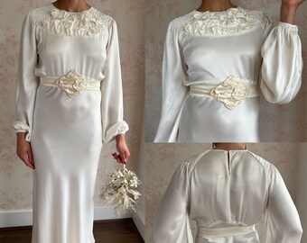 1930s Wedding Gown Dress | Bishop Sleeves Silky Satin Bias Cut Belt Ruched Gathered Detailing | Vintage Art Deco Bridal Clothing | UK 6 or 8