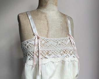 1920s Cami | Cream Silk Crochet Lace Pink Ribbon Bows | Top Camisole | Antique Vintage Art Deco Lingerie Nightwear Boudoir Clothing