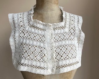 Early 20th C. Square Collar | Crocheted Floral Cotton Lace | Bodice Insert Yoke Bib | Antique Fashion | Period Costuming Blouse Accessories