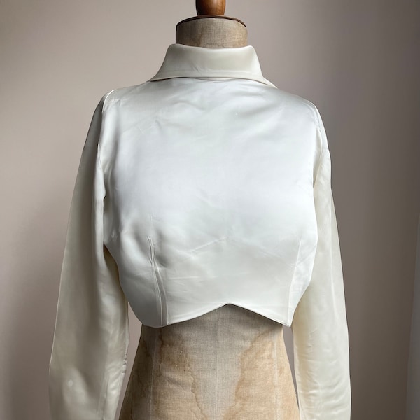 1950s Silky Satin Bridal Jacket | Cropped Gathered Long Sleeve Collar | Vintage Clothing Fashion | Wedding Bridal Separates | Small