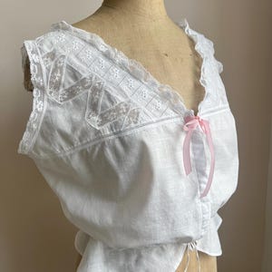 Edwardian Corset Cover | Embroidered Floral Dainty Lace White Cotton Pink Bow Blouse Cami Shirt Top | Antique Romantic Lingerie Clothing