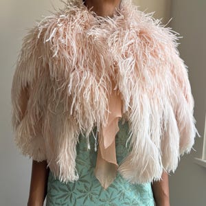 1930s Ostrich Feather Cape | Jacket Shrug Bolero Collar | Pink Feathers Chiffon Bow | Wedding Bridal | Vintage Art Deco Evening Accessories
