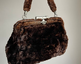 19th Century Brown Fur Bag | Ornate Lock Clasp | Evening Purse | Antique Victorian Fashion Accessories