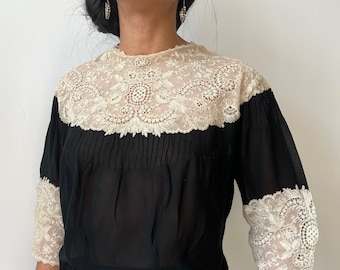 Beautiful 1920s Blouse | Black Chiffon Intricate Cream Floral Lace Pin Tucks | Top Shirt | Antique Romantic Clothing Fashion |