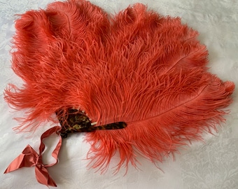 Original 1930s Coral Pink Hand Fan | Ostrich Feather Feathers | Boudoir Vanity Display | Antique Vintage Art Deco Accessories