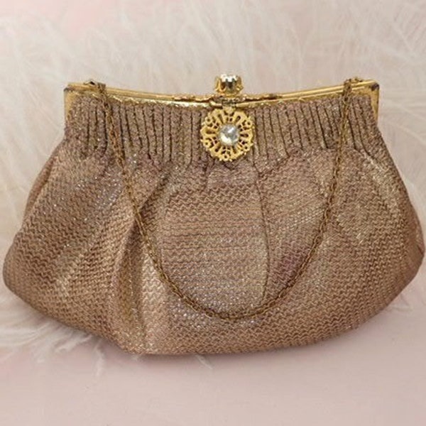1930s- 1940s Evening Bag Purse | Metallic Woven Rhinestone Clasp Rose & Silver | Vintage Art Deco Fashion Accessories