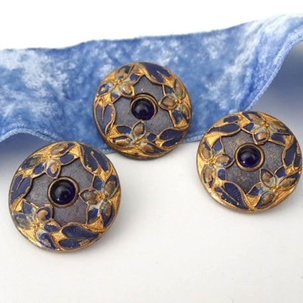 Three 1900s Art Nouveau Buttons | Sapphire Blue Glass Stones Enamelled Metallic Gold Flowers | Antique Haberdashery Sewing Dressmaking