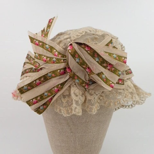 1910s - 1920s Lace Cap | Floral Cream Lace Tulle Woven Stripe Ribbon Rosebuds | Hat Bonnet Millinery | Antique Fashion Accessories