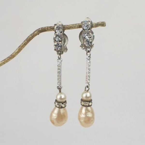 1930s- 1940s French Earrings | Sparkly Paste Stones Shimmery Faux Pearls | Dangle Drop | Wedding Bridal | Vintage Art Deco Jewellery Jewelry