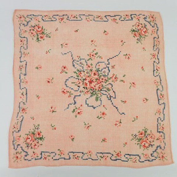 1930s Printed Cross Stitch Handkerchief | Hanky |Pink Blue Check Roses Rosebuds | Vintage Art Deco Accessories Collectibles Gift