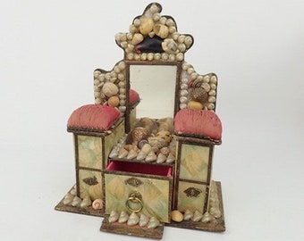 Victorian Shell Art Sewing Box | Collectible Sea Shells Case Stand | Dollhouse Diorama | Antique Vanity Dresser Dressing Table Décor Display