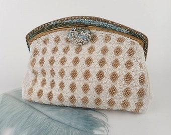 Ornate 1930s Evening Bag | Beaded Faux Pearls Sea Green Blue Beads Embellished | Purse Clutch | Vintage Art Deco Accessories