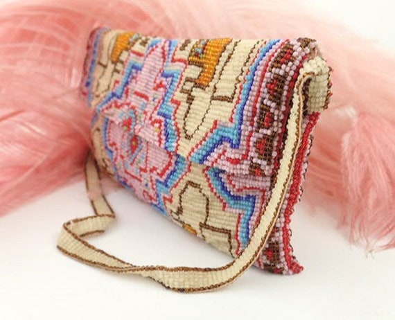 1900s Micro Beaded Purse | Patterned Pink Blue Ti… - image 5