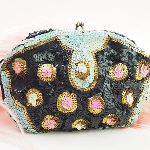1930s Clutch Evening Bag Purse | Sparkly Pink Blue Gold Black Sequins Beaded Polkadot | Vintage Art Deco | Wedding Fashion Accessories