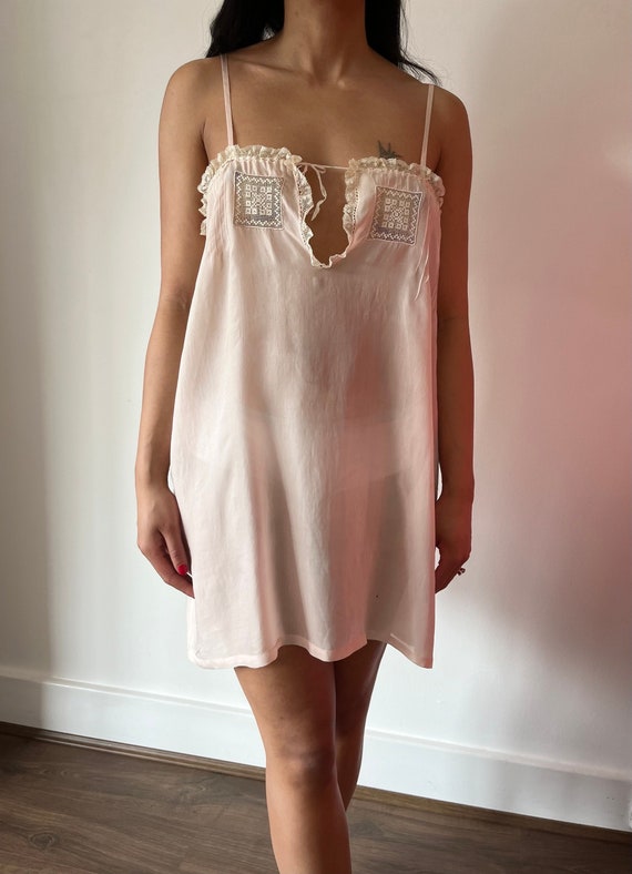 1920s Pink Silk Chemise | Dainty Lace Pin Tucks |… - image 1