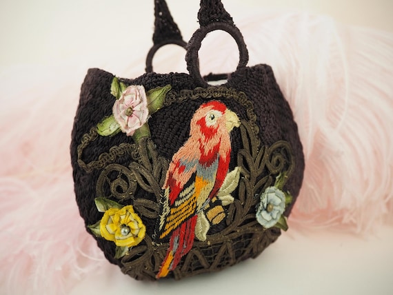 Sweet 1920s Purse | Embroidered Parrot Ribbon Work Roses Lamé Metallic Thread Evening Bag | Antique Vintage Art Deco Summer Accessories