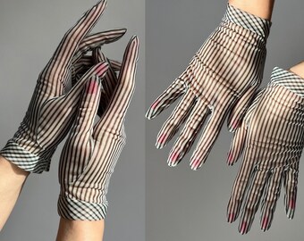 1950s Sheer Striped Gloves | Black Cream Fine Stripes Nylon | Vintage Mid- Century | Wedding Fashion Accessories