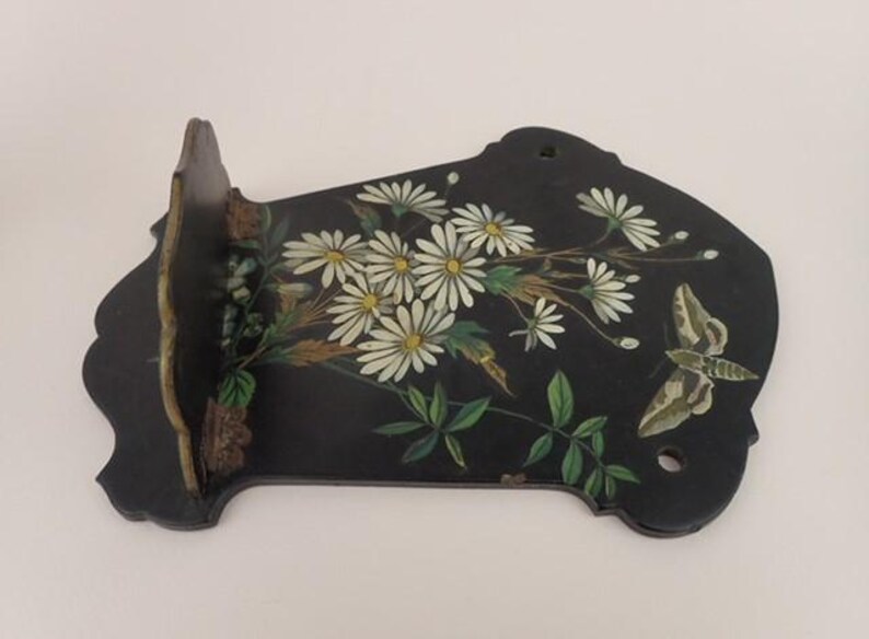 Victorian Decorative Wall Shelf Flowers Moth Lacquered Wood Papier