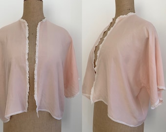 1930s Peachy Pink Silk Boudoir Bed Jacket Kimono Style Lace Lingerie Nightwear Vintage Clothing Fashion Trousseau Collection Open Size