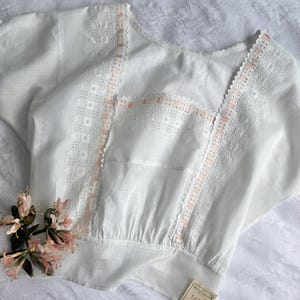 Edwardian Blouse Corset Cover | Embroidered Floral Lace White Cotton Pink Ribbons Shirt Top | Antique Romantic Lingerie Clothing