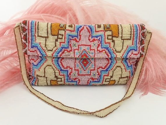 1900s Micro Beaded Purse | Patterned Pink Blue Ti… - image 1