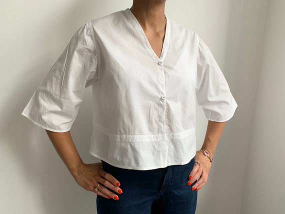 Edwardian White Cotton Blouse Button Down Shirt T… - image 1