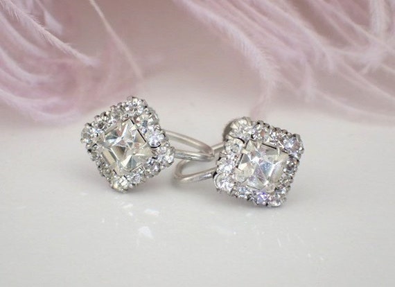 1920s Dainty Square Earrings | Sparkly Paste Ston… - image 1