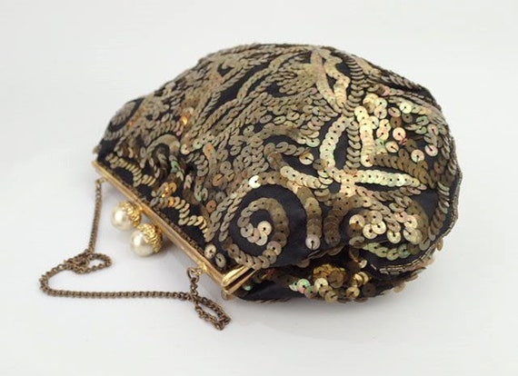 1930s Embellished Purse | Gold Sequins Faux Pearl… - image 8