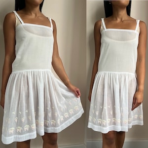 1920s Fuchsia Slip  Dress | Hand Embroidered Flowers Fine Floral White Cotton Lawn | Antique Art Deco Spring Summer Fashion Clothing XS