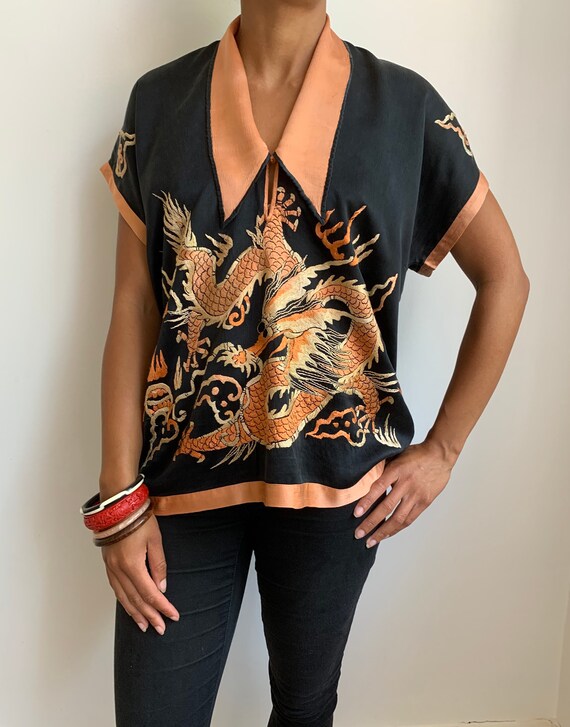1920's-1930's Top Blouse Shirt Embroidered Black O