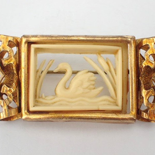 French 1920s- 1930s Carved Celluloid Sawn Brooch | Bright Brass Frame Trombone Clasp | Antique Art Deco Pin Jewellery Jewelry