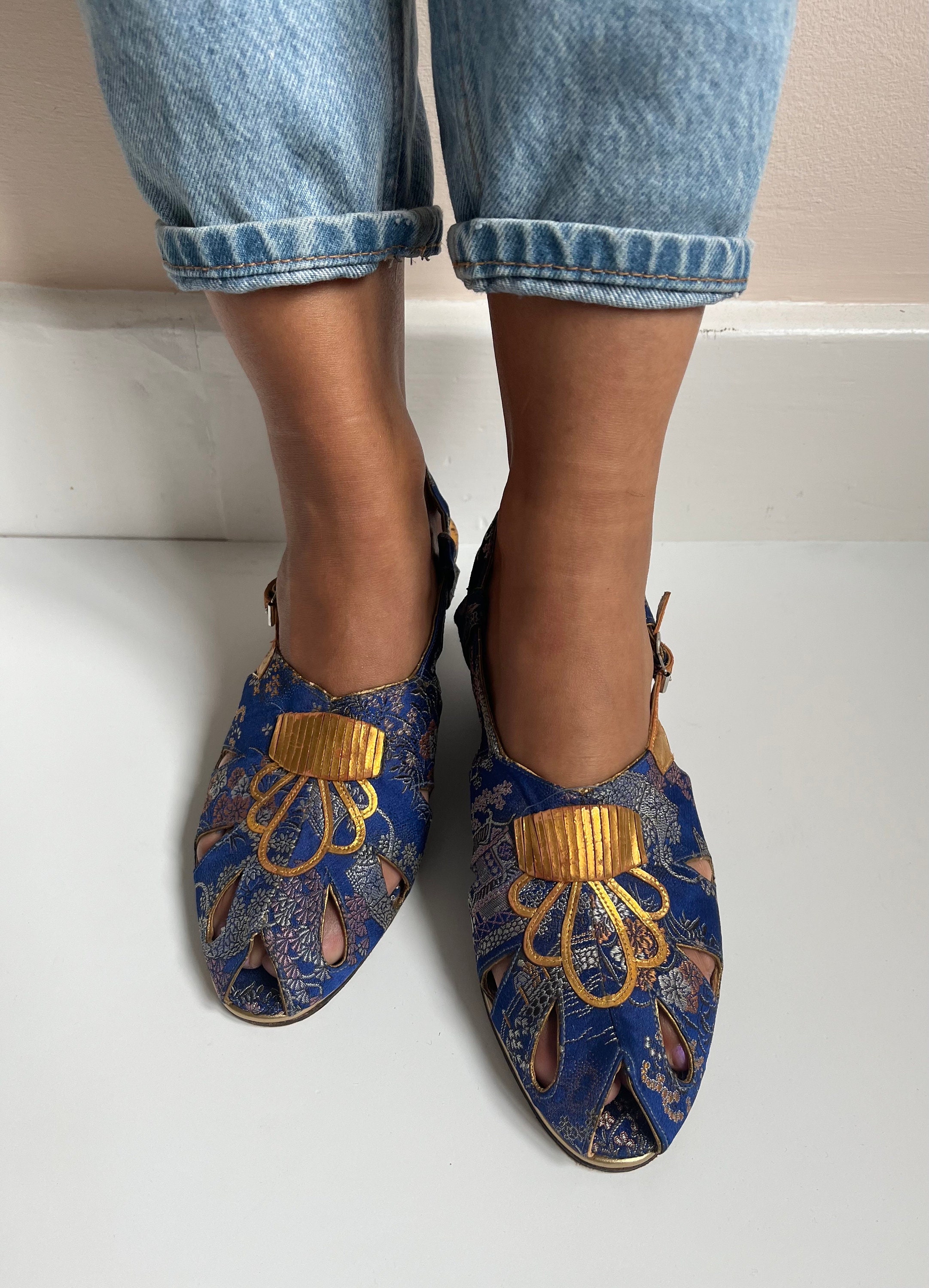 1930s Chinese Wedges Metallic Gold Leather Cobalt Blue Chinoiserie Silk Oriental Shoes Heels Vintage Art Deco Summer Fashion Accessories Etsy Australia