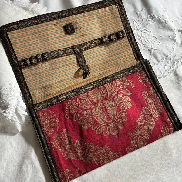 1930s Writing Stationary Case | Silk & Sparkly Metal Trim Floral Red Stripped | Calligraphy Artist Correspondence | Vintage Art Deco Gift