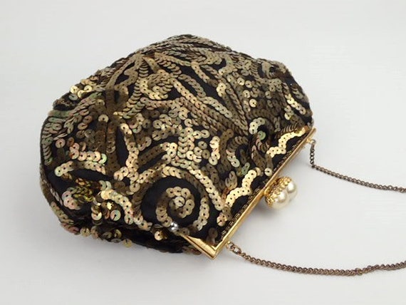1930s Embellished Purse | Gold Sequins Faux Pearl… - image 9