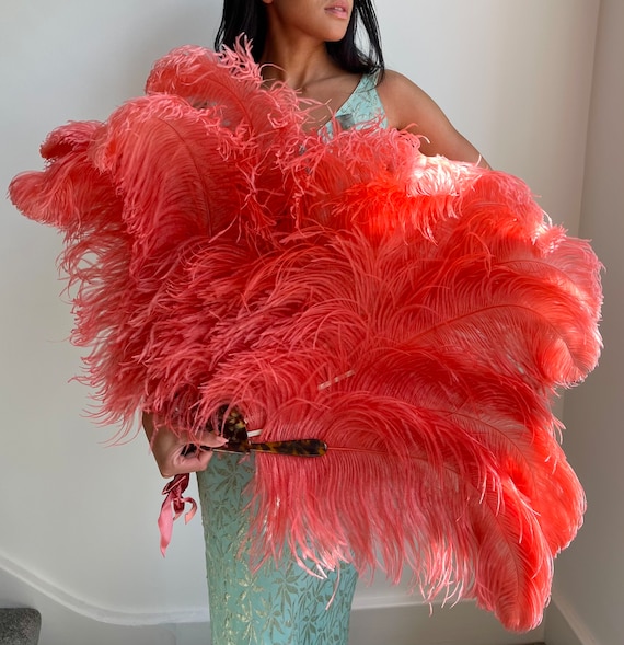 Original 1930s Coral Pink Hand Fan Ostrich Feather Feathers