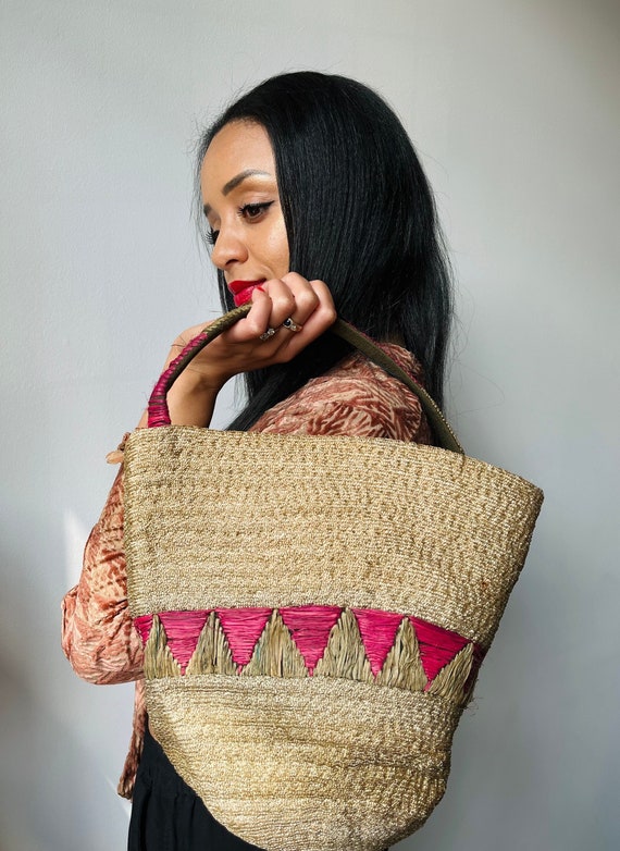 1920s- 1930s Straw Bag | Embroidered Pink & Green 