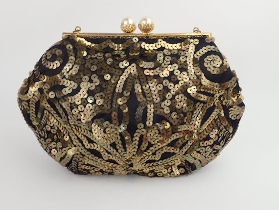 1930s Embellished Purse | Gold Sequins Faux Pearl… - image 2
