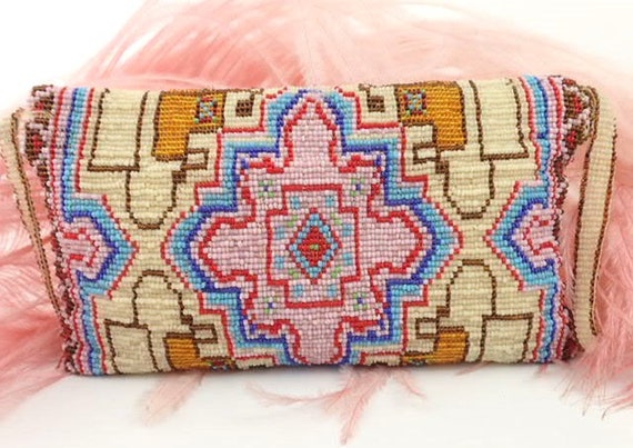 1900s Micro Beaded Purse | Patterned Pink Blue Ti… - image 6