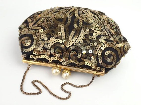 1930s Embellished Purse | Gold Sequins Faux Pearl… - image 1