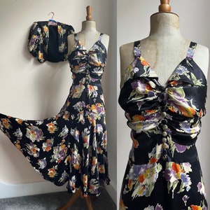 1930s Dress & Bolero | Floral Satin Black Bright Flowers Gown Bias Cut Midi Length | Vintage Art Deco Clothing Fashion | Small