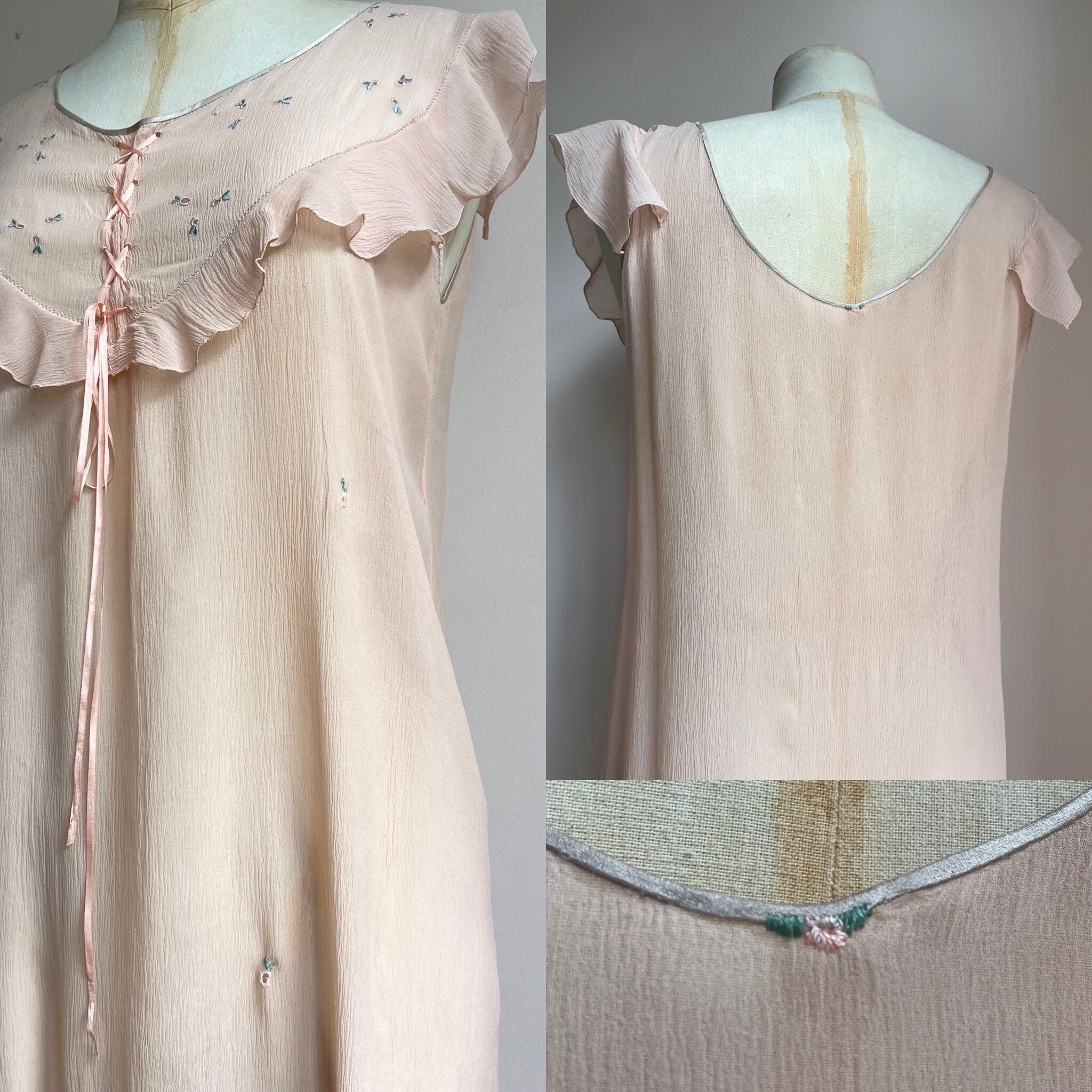 Robe Longue Vintage En Soie BOUÉ SŒURS Années 1920 - Lingerie Filet Dentelle Écru, Taille M