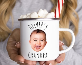 Personalized Face and Name Camper Mug, Holiday Enamel Mug, Cute Customized Name Enamel Mug, Gift for Grandparents, Mom/Dad