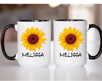 Gepersonaliseerde zonnebloemkoffiemok, zonnebloemkoffiemok, zonnebloembeker, zonnebloemcadeaus voor haar, zonnebloemkoffiekop, zonnebloemcadeau-ideeën
