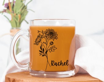 Custom Birth Flower And Name Glass Coffee Mug, Personalized Name Glass Mug, Personalized Floral Mug, Birthday Gift, Mother's Day Gift