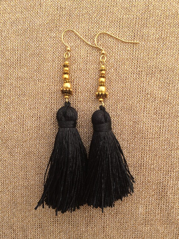 Black Tassel Beaded Earrings Etsy